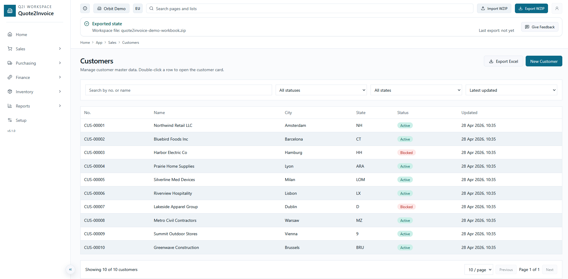 Lista preventivi in Quote2Invoice con stato, cliente e azioni rapide.