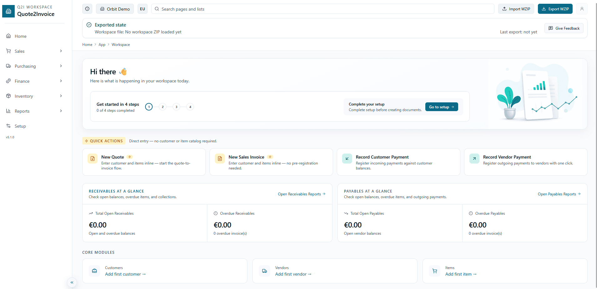 Panoramica workspace Quote2Invoice con moduli principali e riepilogo crediti.