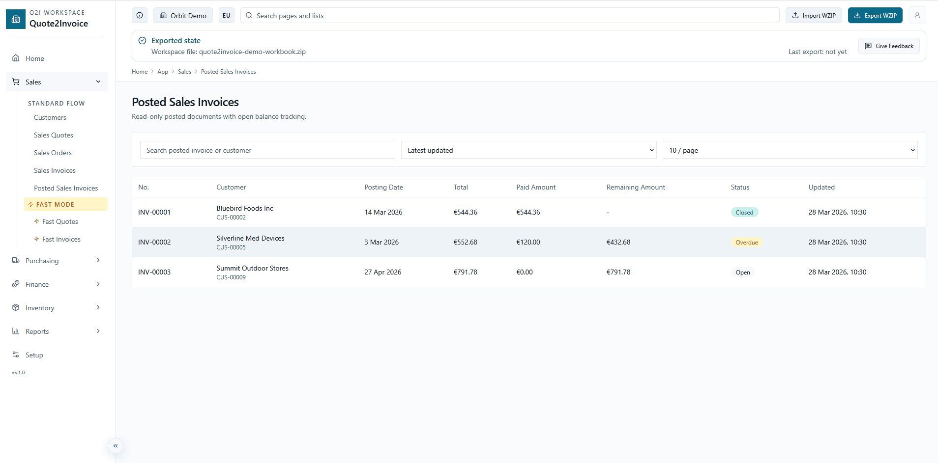 Schermata fatture registrate con totale, pagato, residuo e stato.