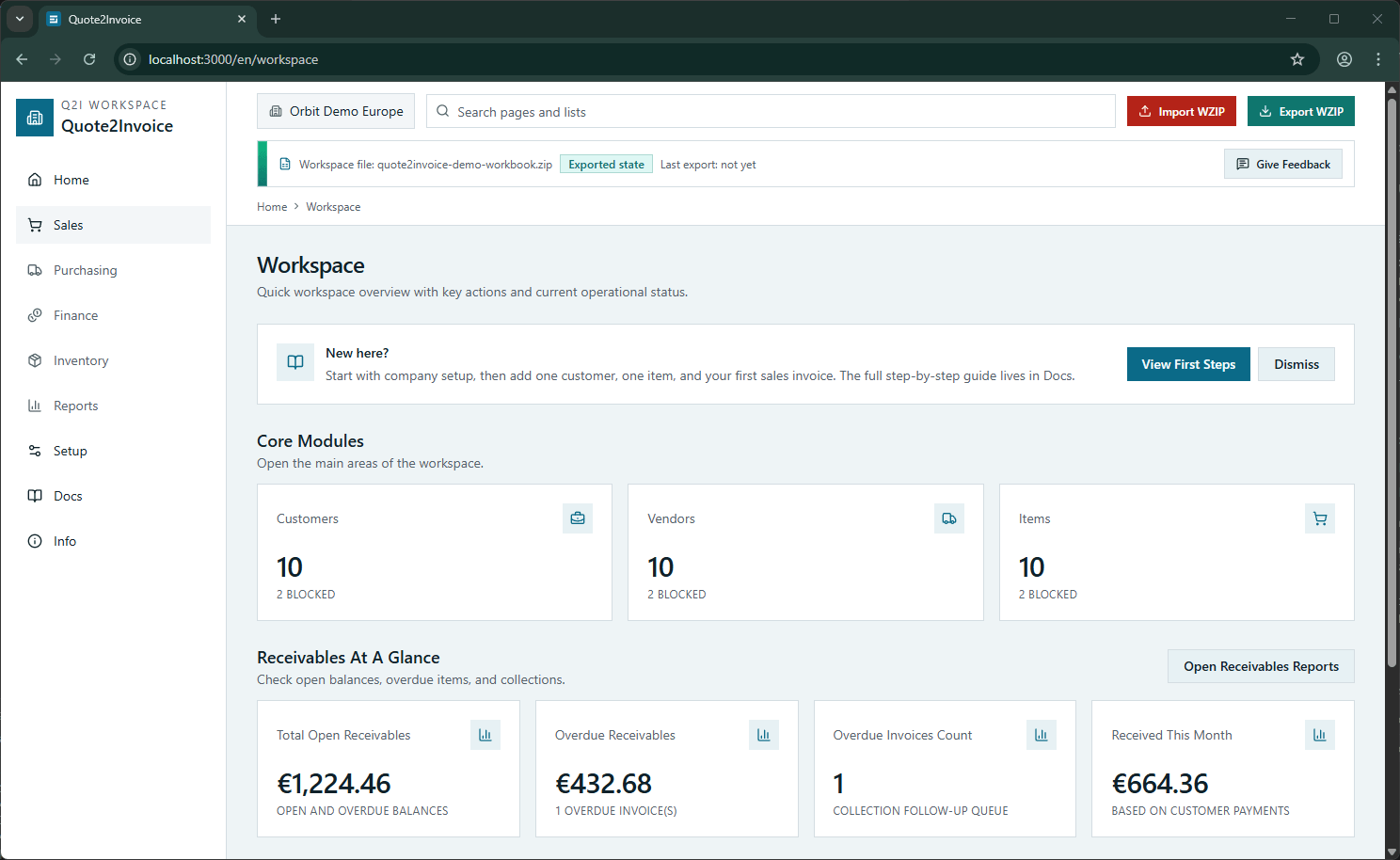 Quote2Invoice workspace overview with module cards and receivables summary widgets.