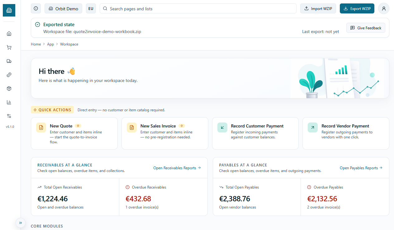 Quote2Invoice demo dashboard